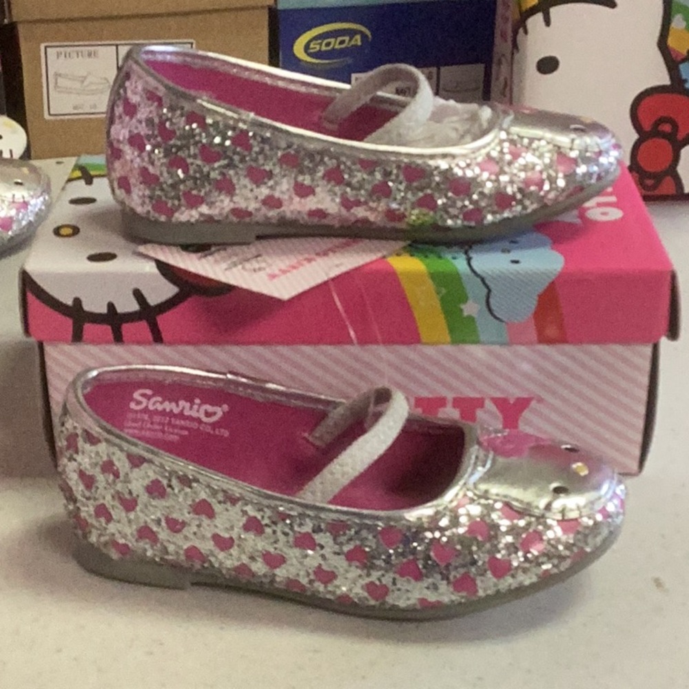 Sanrio Hello Kitty Silver and Pink Dress Shoes with Floral Sparkle